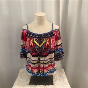 Flying Tomato Red Yellow Boho Print Cold-Shoulder Top HiLo Hem Rayon Size Medium